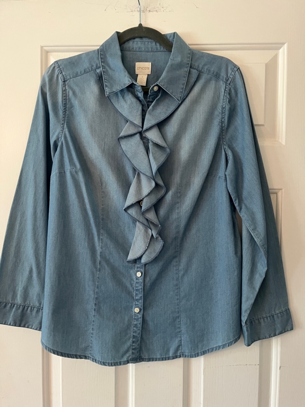 Chico's NWOT Light Blue Ruffle-Front Denim Blouse